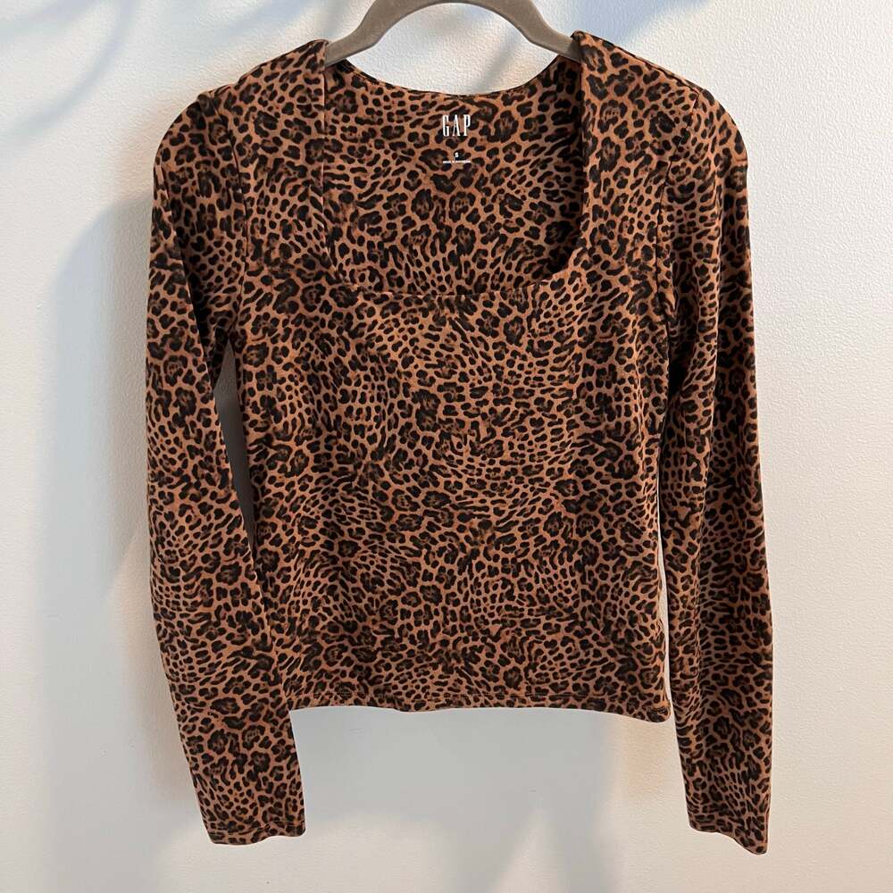 Gap Leopard Patterned Jersey Square-Neck Long Sleeve Top Size S